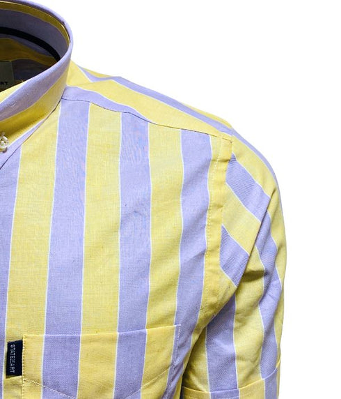 Chemise manches courtes à rayures jaune / violet  - col boutonné
